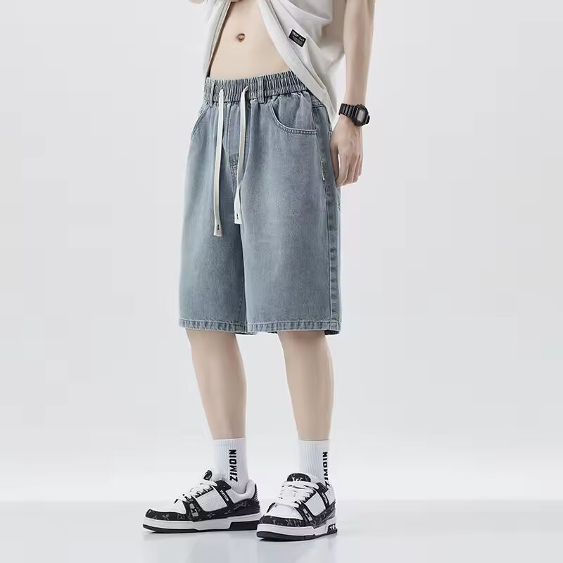 Men knee length Denim Shorts Male Elastic Waist Straight Leg New Soft Short cropped Pants Loose drawstring Baggy Wide Leg Jeans are