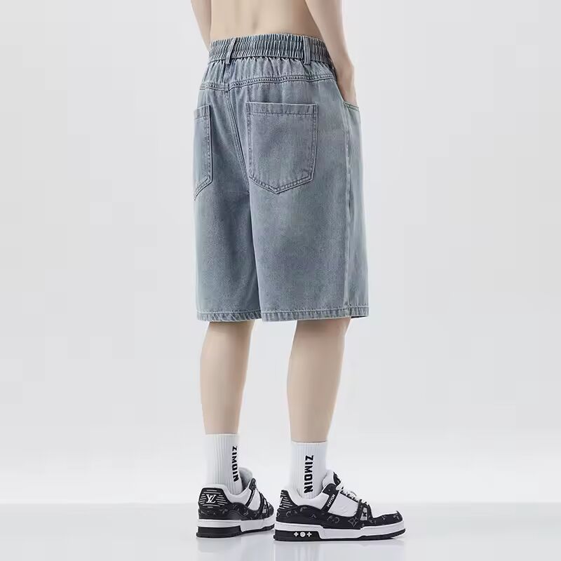 Men knee length Denim Shorts Male Elastic Waist Straight Leg New Soft Short cropped Pants Loose drawstring Baggy Wide Leg Jeans are