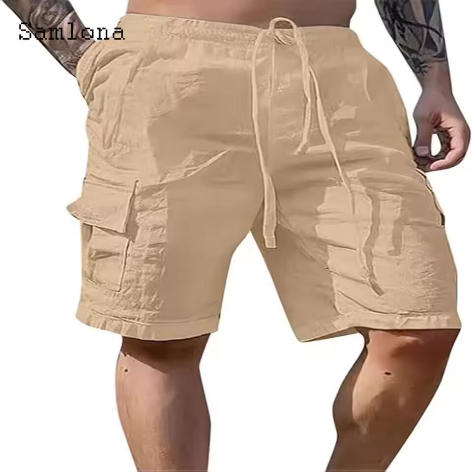 Mens Vintage Cotton Linen Shorts Half Bottoms 2024 European Style Casual Beach Short Cross-pant Solid White Drawstring Hotpants