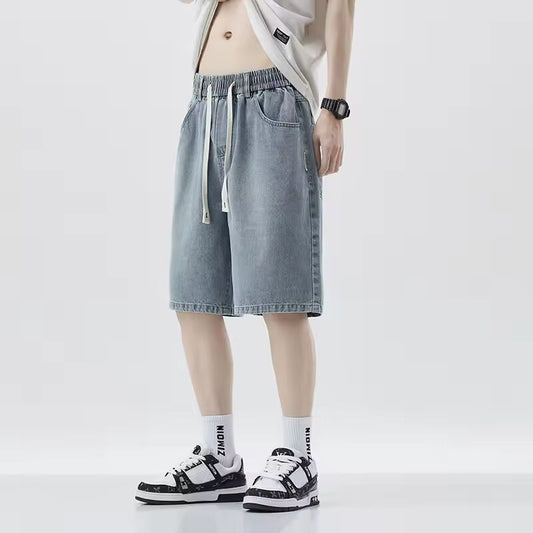 Men knee length Denim Shorts Male Elastic Waist Straight Leg New Soft Short cropped Pants Loose drawstring Baggy Wide Leg Jeans are