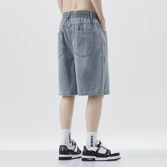 Men knee length Denim Shorts Male Elastic Waist Straight Leg New Soft Short cropped Pants Loose drawstring Baggy Wide Leg Jeans are