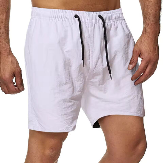 Summer Solid Color Casual Shorts Men Quick Drying Beach Short Pants Mens Sports Fitness Drawstring Elastic Waist Shorts Man