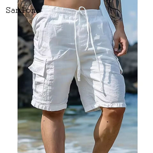 Mens Vintage Cotton Linen Shorts Half Bottoms 2024 European Style Casual Beach Short Cross-pant Solid White Drawstring Hotpants