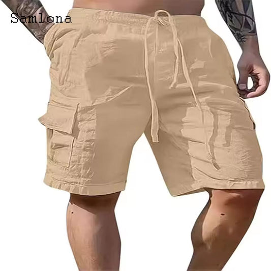 Mens Vintage Cotton Linen Shorts Half Bottoms 2024 European Style Casual Beach Short Cross-pant Solid White Drawstring Hotpants